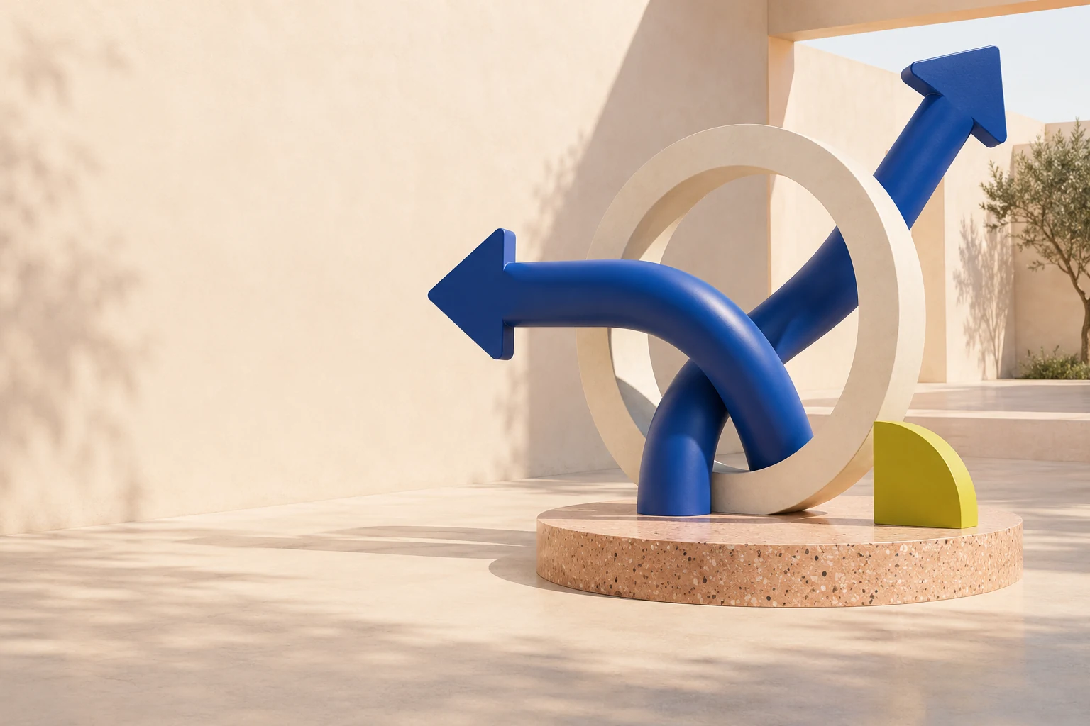 Sculptural blue arrows through an architectural portal, an original concept